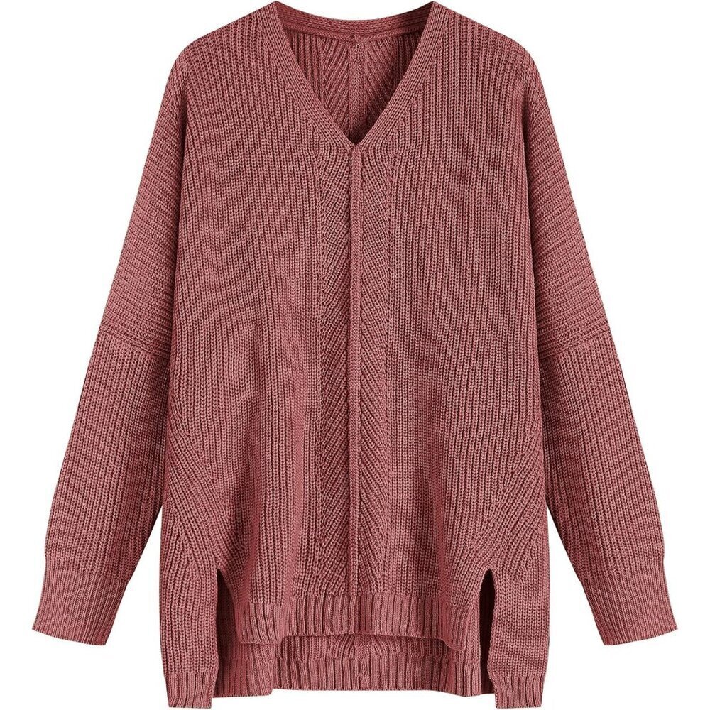 Women's Oversized V Neck Sweater Acrylic Long Sleeve Drop Shoulder Trendy Fall